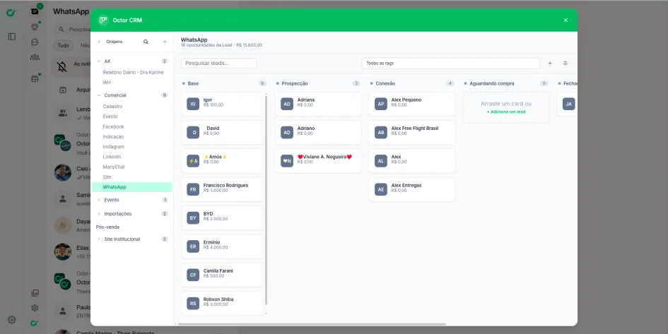 Funil de leads do WhatsApp sincronizado no CRM Octor